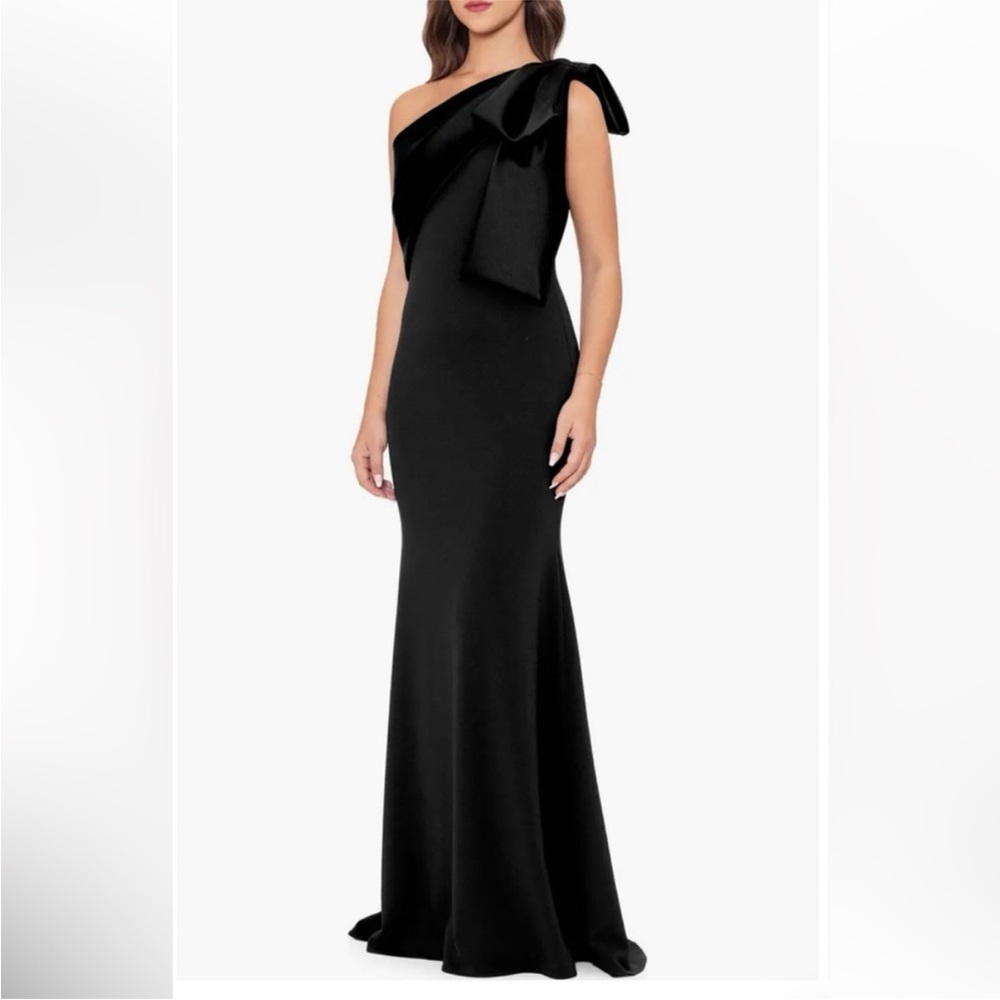 New Betsy & Adam Satin Bow Crepe Mermaid Gown, SIZE 12 - Picture 3 of 8